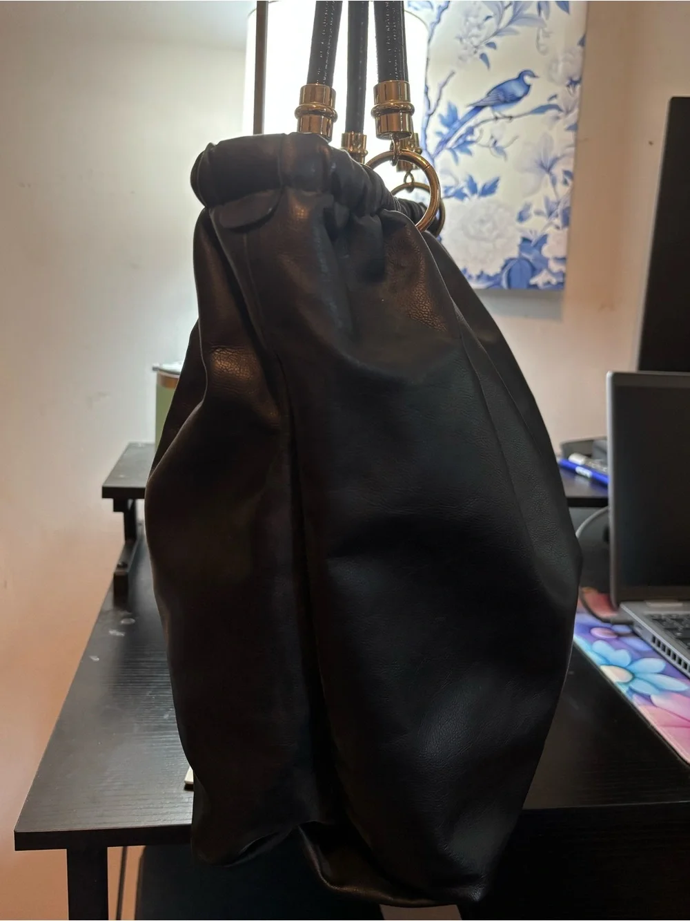Authentic Stella McCartney Noma Soft Drawstring Shopper Tote Black/Gold Hardware